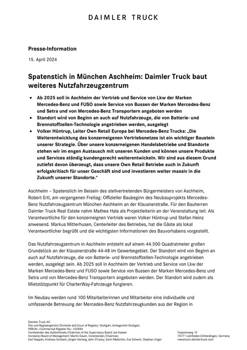 Spatenstich in München Aschheim: Daimler Truck baut weiteres Nutzfahrzeugzentrum
