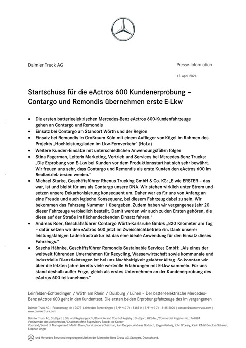 Startschuss für die eActros 600 Kundenerprobung – Contargo und Remondis übernehmen erste E-Lkw