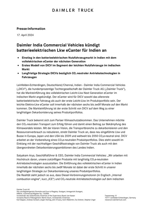Daimler Truck India Commercial Vehicles kündigt batterieelektrischen Lkw eCanter für Indien an