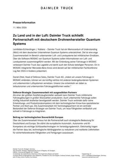 Zu Land und in der Luft: Daimler Truck schließt Partnerschaft mit deutschem Drohnenhersteller Quantum Systems
