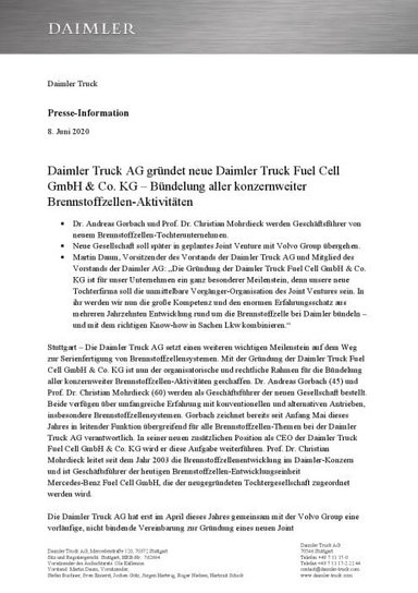 Daimler Truck AG gründet neue Daimler Truck Fuel Cell GmbH & Co. KG – Bündelung aller konzernweiter Brennstoffzellen-Aktivitäten