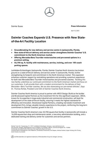 Daimler Coaches Expands U.S. Presence with New State-of-the-Art Facility Location