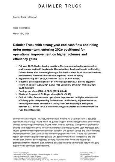 Daimler Truck with strong year-end cash flow and rising order momentum, entering 2026 positioned for operational improvement on higher volumes and efficiency gains