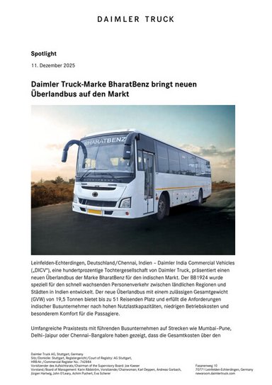 Daimler Truck-Marke BharatBenz bringt neuen Überlandbus auf den Markt