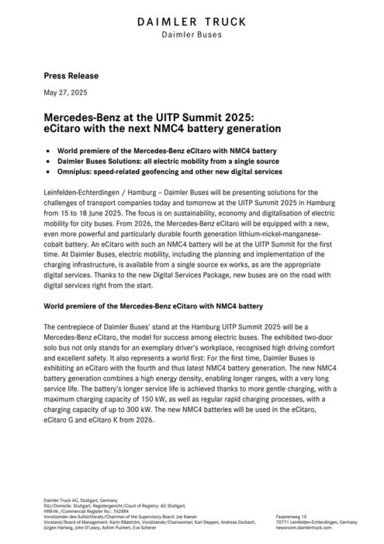 Mercedes-Benz at the UITP Summit 2025: eCitaro with the next NMC4 battery generation