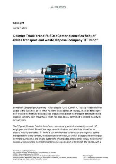 Daimler Truck brand FUSO: eCanter electrifies fleet of Swiss transport and waste disposal company TIT Imhof