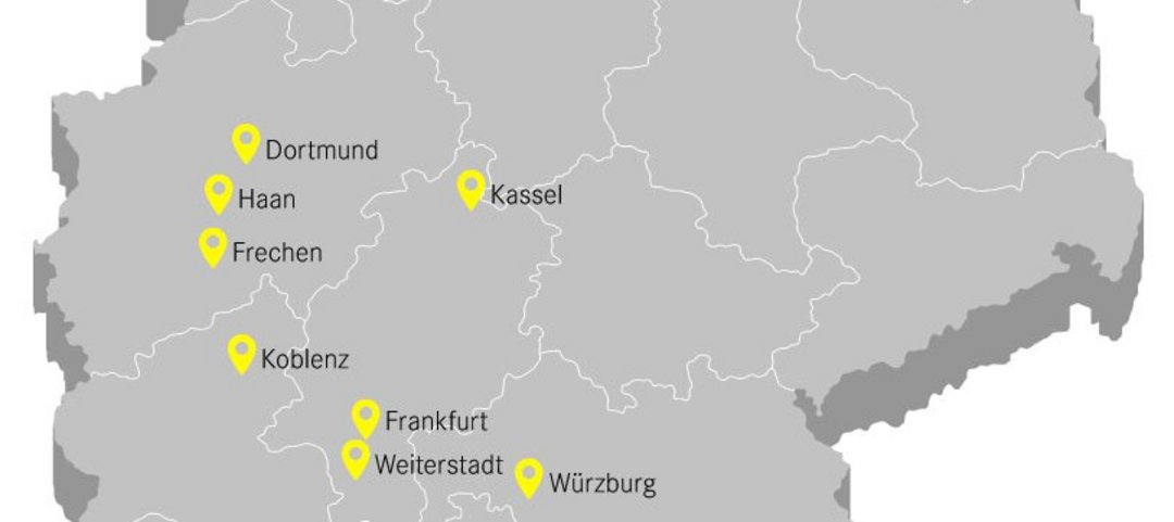 Karte von Mitteldeutschland mit markierten Mercedes-Benz/DaimlerTruck Nutzfahrzeugzentren in Dortmund, Kassel, Frankfurt, Würzburg und weiteren Städten.