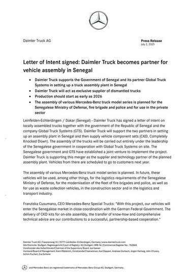 Letter of Intent signed: Daimler Truck becomes partner for vehicle assembly in Senegal