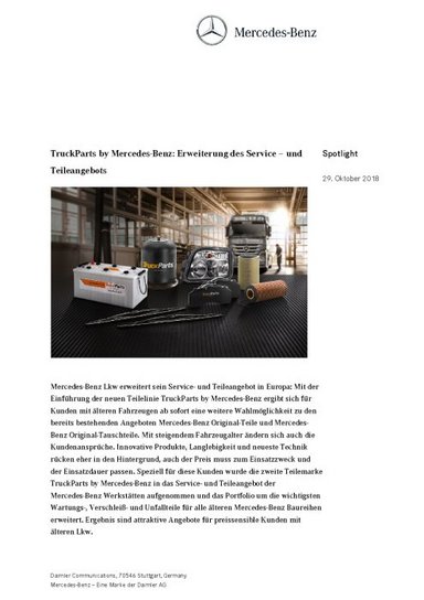 TruckParts by Mercedes-Benz: Erweiterung des Service – und Teileangebots