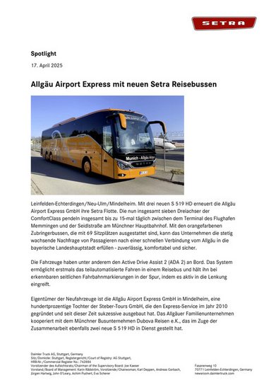 Allgäu Airport Express mit neuen Setra Reisebussen