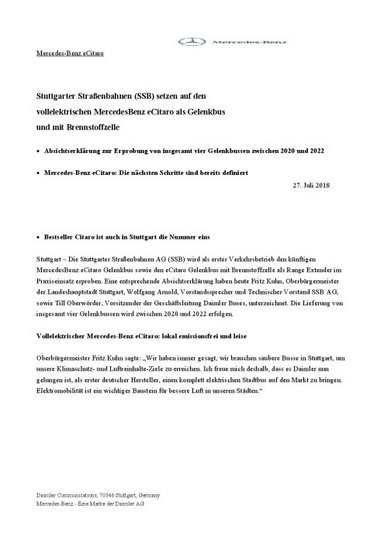 Stuttgarter Straßenbahnen (SSB) setzen auf den  vollelektrischen Mercedes Benz eCitaro als Gelenkbus  und mit Brennstoffzelle