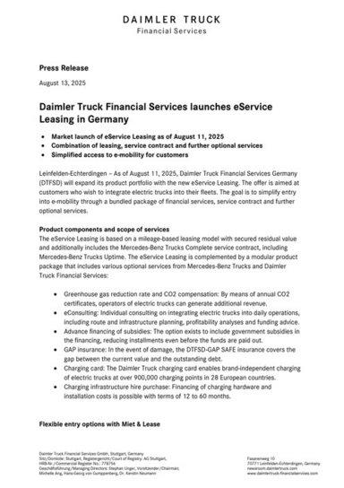 Daimler Truck Financial Services launches eService Leasing in Germany
