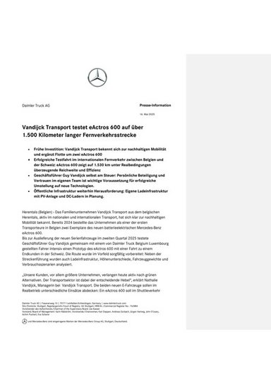 Vandijck Transport testet eActros 600 auf über 1.500 Kilometer langer Fernverkehrsstrecke