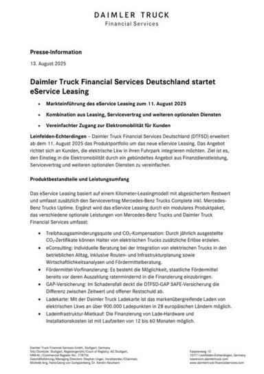 Daimler Truck Financial Services Deutschland startet eService Leasing