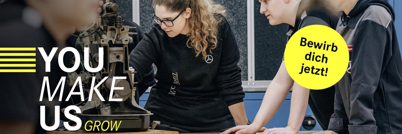 Eine Gruppe von jungen Teammitgliedern analysiert eine mechanische Vorrichtung in einer Werkstatt. Der Slogan 'You make us grow' ist auf der linken Seite zu sehen, begleitet von einem gelben Button mit 'Bewirb dich jetzt!'