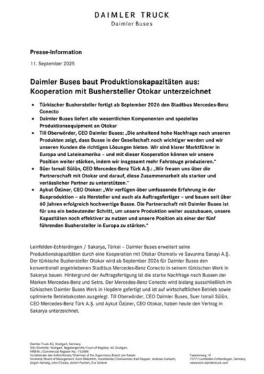 Daimler Buses baut Produktionskapazitäten aus: Kooperation mit Bushersteller Otokar unterzeichnet