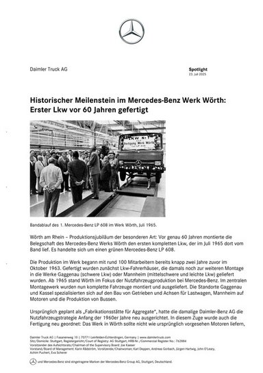 Historischer Meilenstein im Mercedes-Benz Werk Wörth: Erster Lkw vor 60 Jahren gefertigt