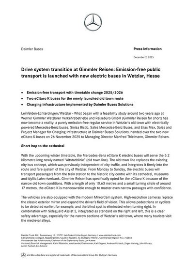 Drive system transition at Gimmler Reisen: Emission-free public transport is launched with new electric buses in Wetzlar, Hesse