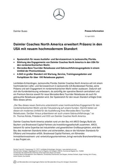 Daimler Coaches North America erweitert Präsenz in den USA mit neuem hochmodernem Standort