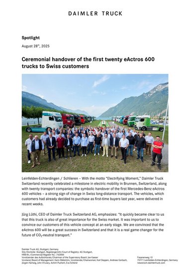 Ceremonial handover of the first twenty eActros 600 trucks to Swiss customers