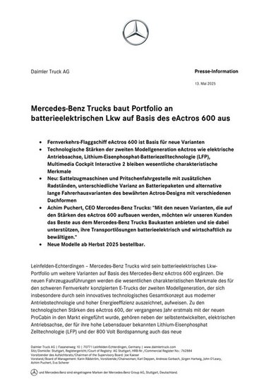 Mercedes-Benz Trucks baut Portfolio an batterieelektrischen Lkw auf Basis des eActros 600 aus