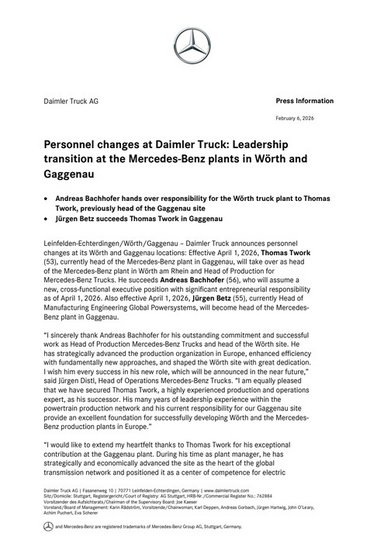 Personnel changes at Daimler Truck: Leadership transition at the Mercedes-Benz plants in Wörth and Gaggenau