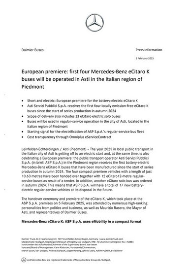 European premiere: first four Mercedes Benz eCitaro K buses will be operated in Asti in the Italian region of Piedmont