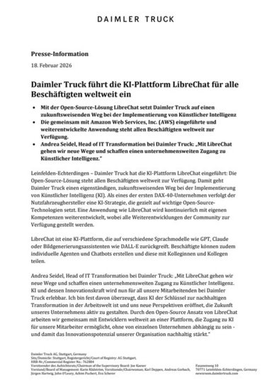 Daimler Truck führt die KI-Plattform LibreChat für alle Beschäftigten weltweit ein
