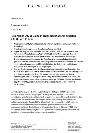 Rekordjahr 2023: Daimler Truck-Beschäftigte erhalten 7.000 Euro Prämie