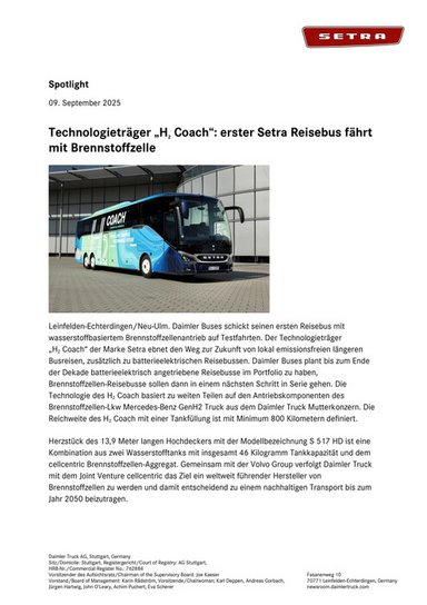 Technologieträger „H₂ Coach“: erster Setra Reisebus fährt mit Brennstoffzelle