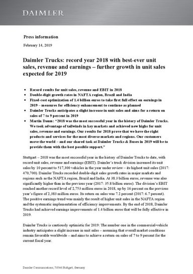 Daimler Trucks: record year 2018 with best-ever unit sales, revenue and earnings – further growth in unit sales expected for 2019