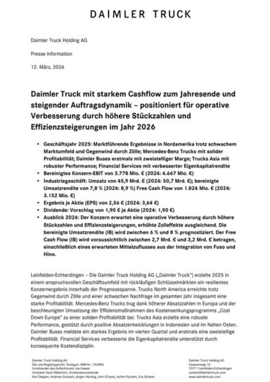 Daimler Truck mit starkem Cashflow zum Jahresende und steigender Auftragsdynamik – positioniert für operative Verbesserung durch höhere Stückzahlen und Effizienzsteigerungen im Jahr 2026