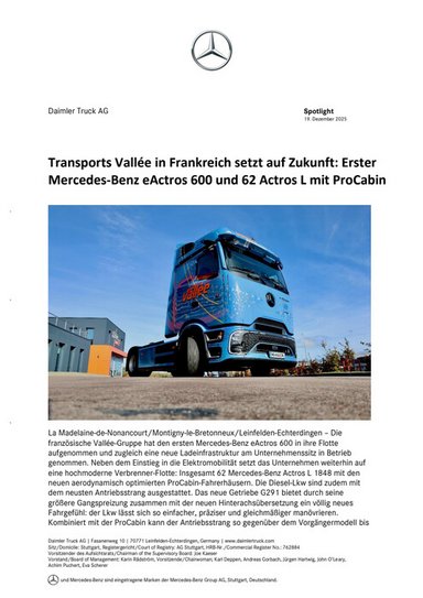Transports Vallée in Frankreich setzt auf Zukunft: Erster Mercedes-Benz eActros 600 und 62 Actros L mit ProCabin