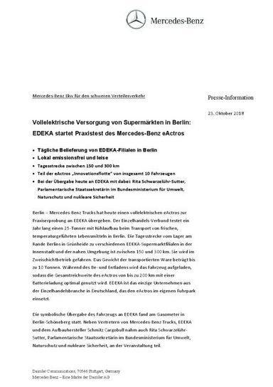 Mercedes-Benz Lkw für den schweren Verteilerverkehr: Vollelektrische Versorgung von Supermärkten in Berlin: EDEKA startet Praxistest des Mercedes-Benz eActros