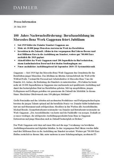 100 	Jahre Nachwuchsförderung: Berufsausbildung im Mercedes-Benz Werk Gaggenau feiert Jubiläum