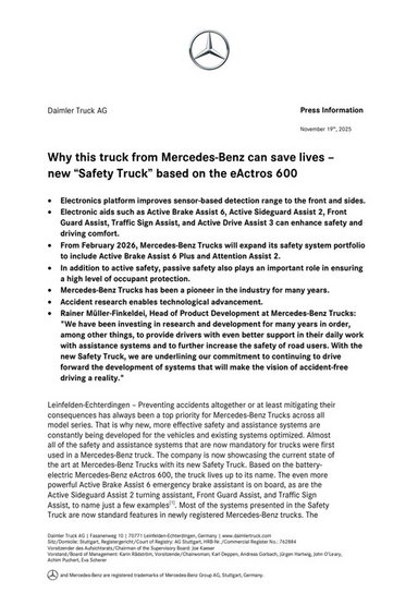 Why this truck from Mercedes-Benz can save lives – new “Safety Truck” based on the eActros 600