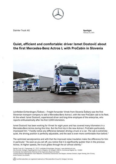Quiet, efficient and comfortable: driver Ismet Dostović about the first Mercedes-Benz Actros L with ProCabin in Slovenia