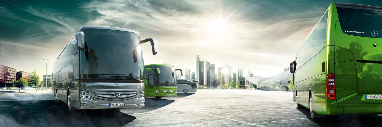 Tourismo brochure images, advertising motif 2017 Tourismo Range, front view, rear view, viper green & silver, post-launch range