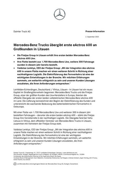 Mercedes-Benz Trucks übergibt erste eActros 600 an Großkunden in Litauen