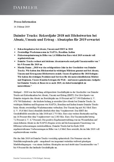 Daimler Trucks: Rekordjahr 2018 mit Höchstwerten bei Absatz, Umsatz und Ertrag - Absatzplus für 2019 erwartet