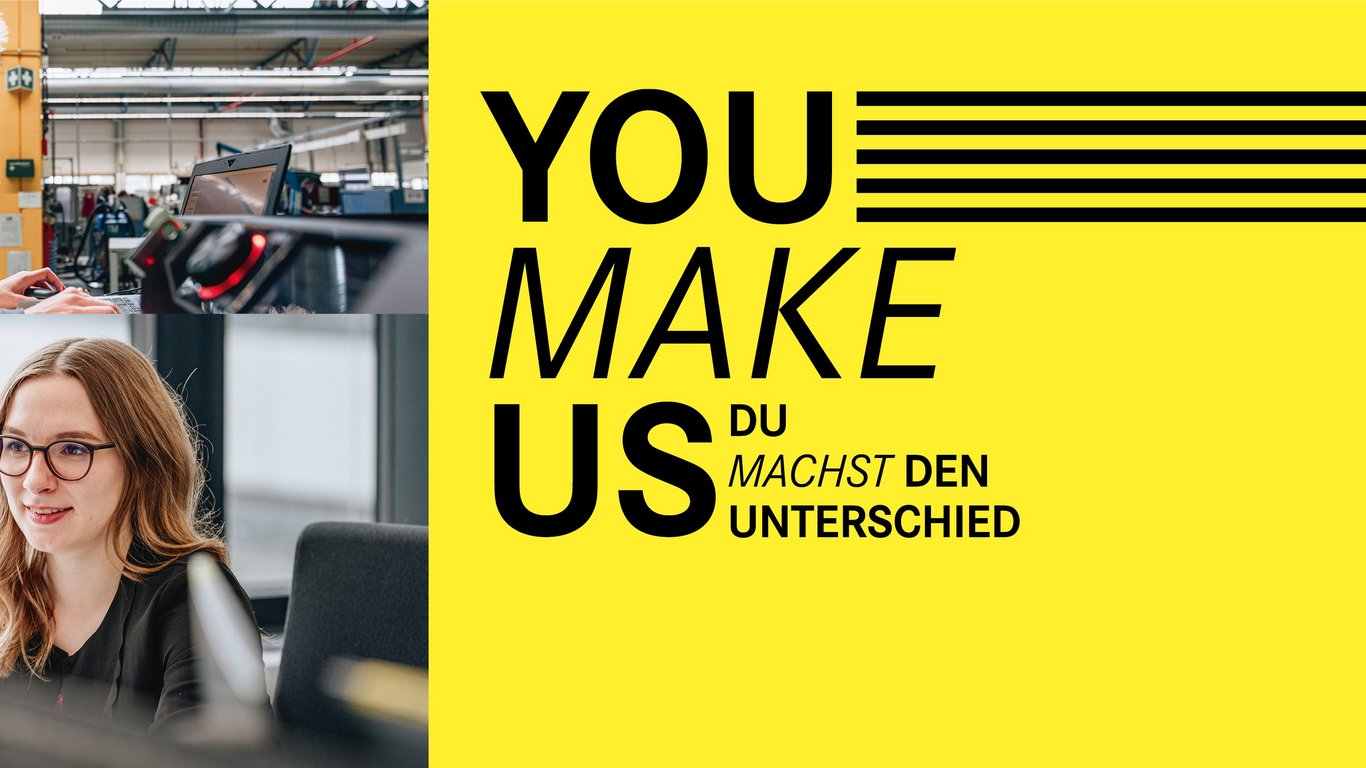 Zweiteiliges Bild mit einem jungen Mann in einer Werkstatt und einer jungen Frau im Büro, daneben ein gelber Bereich mit der Aufschrift "YOU MAKE US – DU MACHST DEN UNTERSCHIED".