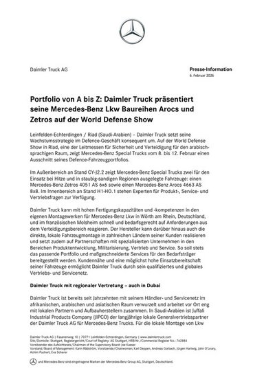 Portfolio von A bis Z: Daimler Truck präsentiert seine Mercedes-Benz Lkw Baureihen Arocs und Zetros auf der World Defense Show