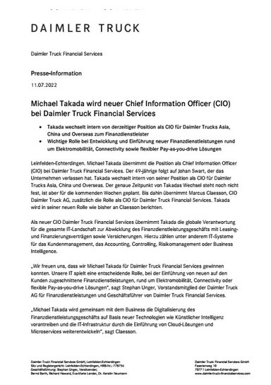 Michael Takada wird neuer Chief Information Officer (CIO) bei Daimler Truck Financial Services