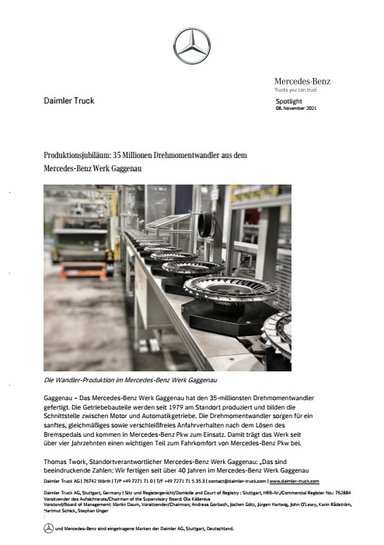 Produktionsjubiläum: 35 Millionen Drehmomentwandler aus dem Mercedes-Benz Werk Gaggenau