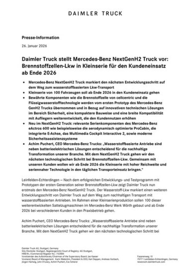 Daimler Truck stellt Mercedes-Benz NextGenH2 Truck vor: Brennstoffzellen-Lkw in Kleinserie für den Kundeneinsatz ab Ende 2026