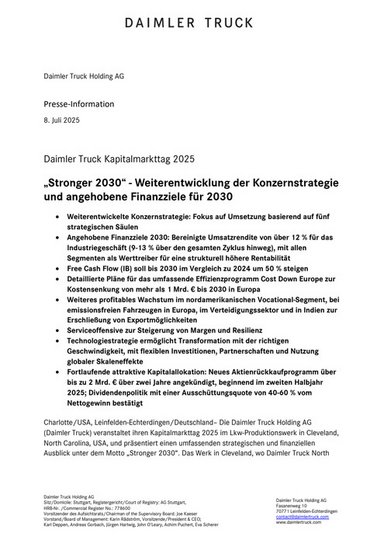 Daimler Truck Kapitalmarkttag 2025 | „Stronger 2030“ - Weiterentwicklung der Konzernstrategie und angehobene Finanzziele für 2030