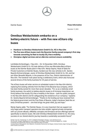 Omnibus Weidachstein embarks on a battery electric future – with five new eCitaro city buses