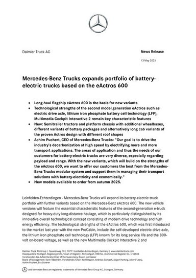 Mercedes-Benz Trucks expands portfolio of battery-electric trucks based on the eActros 600