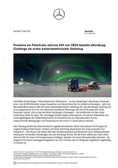 Premiere am Polarkreis: eActros 600 von VEGA besteht eNordkapp Challenge als erster batterieelektrischer Sattelzug