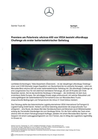 Premiere am Polarkreis: eActros 600 von VEGA besteht eNordkapp Challenge als erster batterieelektrischer Sattelzug
